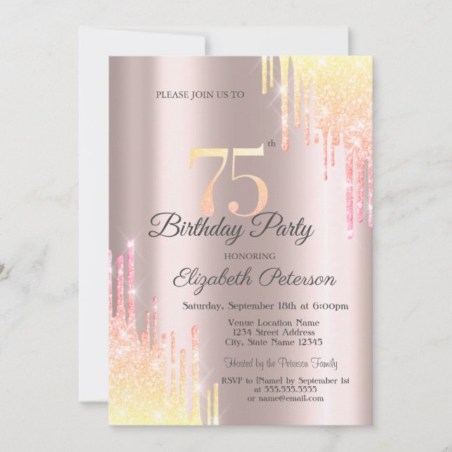 Convites Festa de 75 Anos com Ombre Glitter Drips (Frente)