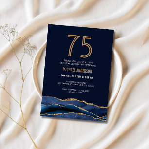 Convites Festa de 75 Anos de Idade Azul Marinho Dourado Ele