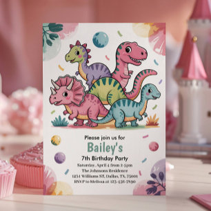 Convites Festa de 7 Anos do Dinossauro Rosa Fofo para Crian