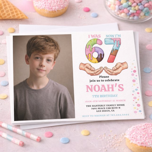 Convites Festa de 7 Anos do Sorvete “Seis Sete” para Crianç (Ice Cream “Six Seven” 7th Birthday Party for Kids Invitation)