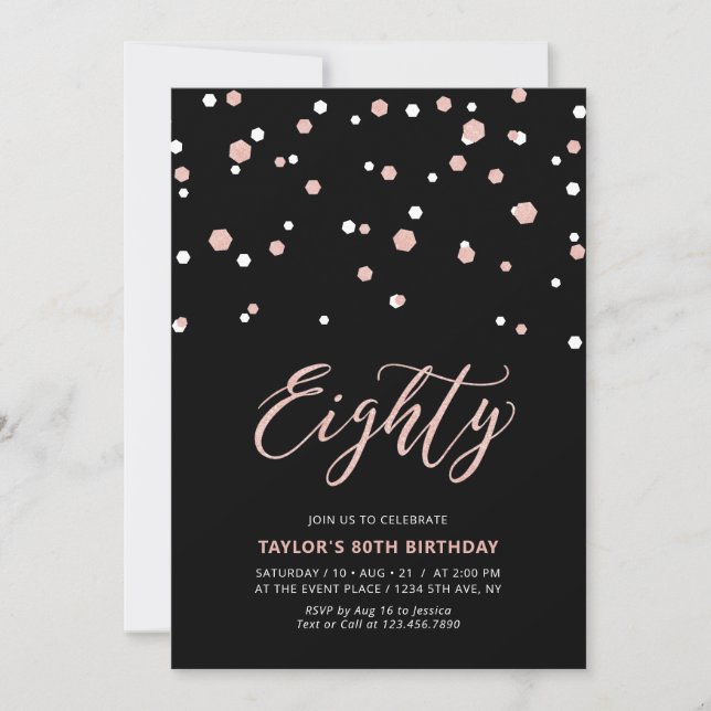 Convites Festa de 80 anos Black Rose Gold Simple Eighty (Frente)