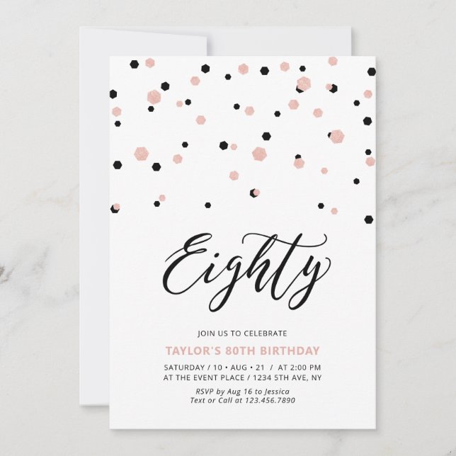 Convites Festa de 80 Anos Black Rose Gold Simple Eighty (Frente)