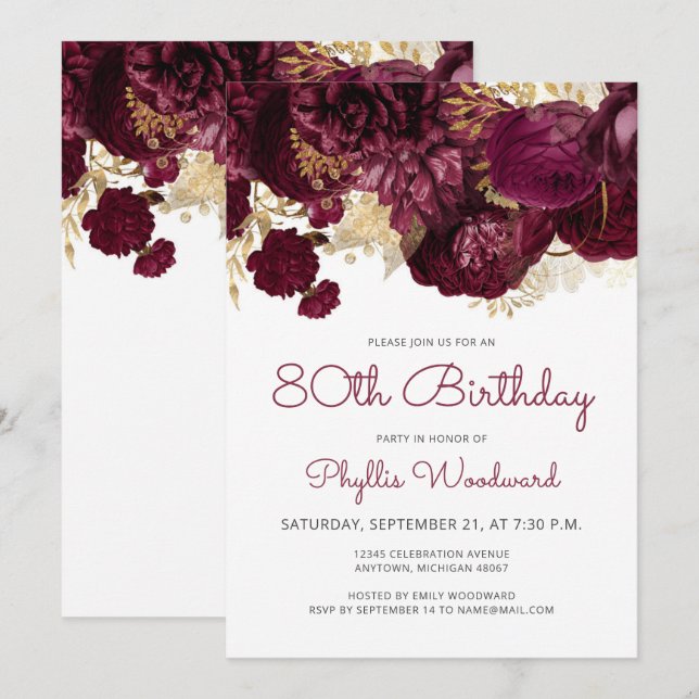 Convites Festa de 80 Anos Burgundy Gold Floral (Frente/Verso)