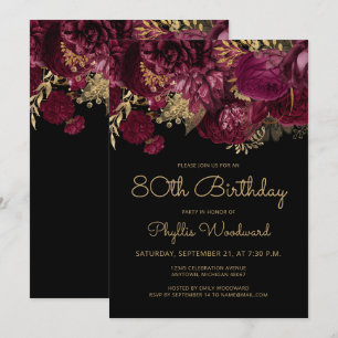 Convites Festa de 80 Anos Burgundy Gold Floral