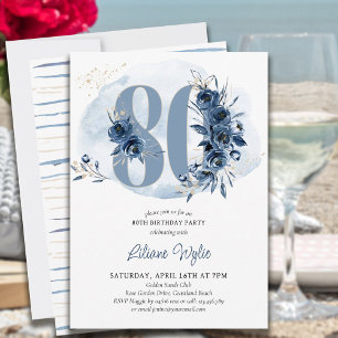 Convites Festa de 80 Anos Coastal Blue Floral Número 80