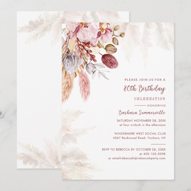 Convites Festa de 80 Anos com Grama das Pampas em Terracota (Frente/Verso)