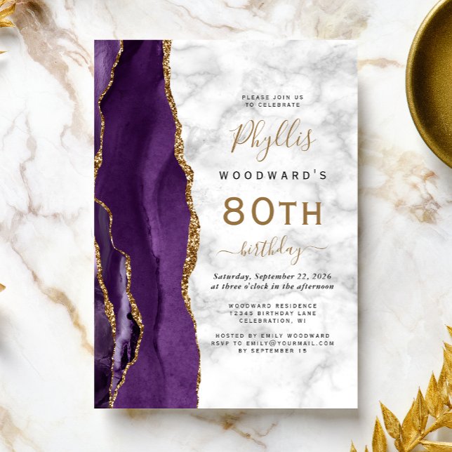 Convites Festa de 80 Anos com Mármore de Ágata Dourada Roxa (Criador carregado)