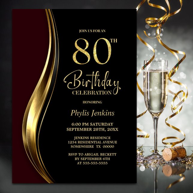 Convites Festa de 80 Anos da Black Gold Burgundy (Criador carregado)