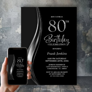 Convites Festa de 80 Anos de Idade com Estilo Preto e Prata