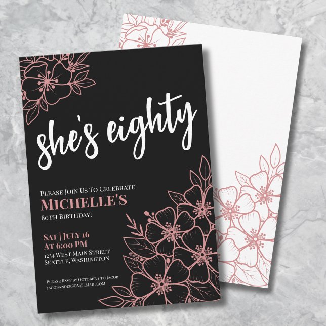 Convites Festa de 80 Anos de Idade Oitenta Rosas Pretas Dou (Eighty Black Rose Gold Pink 80th Birthday Party Invitation)