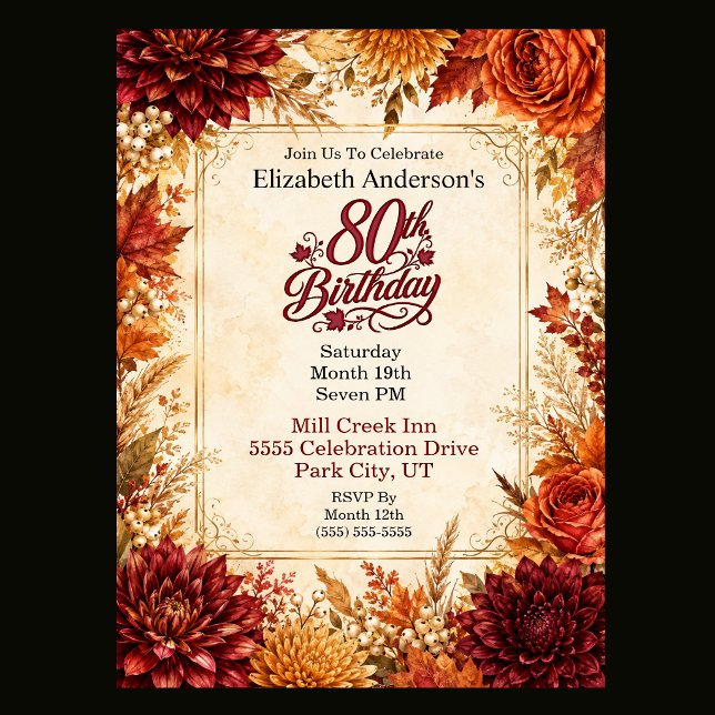 Convites Festa de 80 Anos de Luxo Outonal (Luxury Fall 80th Birthday Invitation For Women.)