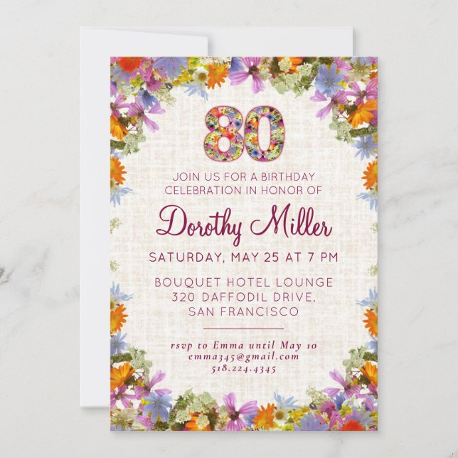 Convites Festa de 80 Anos – Design Elegante de Flores em Li (Frente)