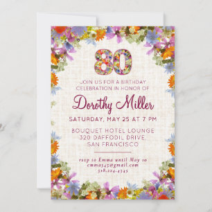 Convites Festa de 80 Anos – Design Elegante de Flores em Li