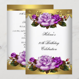 Convites Festa de 80 Anos Elegante Rosas Roxo Dourado