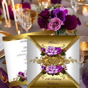 Convites Festa de 80 Anos Elegante Roxo Dourado Rosas 3
