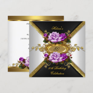 Convites Festa de 80 Anos Elegante Roxo Dourado Rosas 4