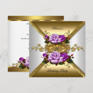 Convites Festa de 80 Anos Elegantes Rosas Roxo Dourado