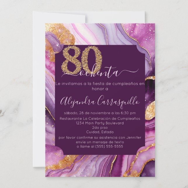 Convites Festa de 80 Anos em Rosa Purple Ágata Chic Espanho (Frente)