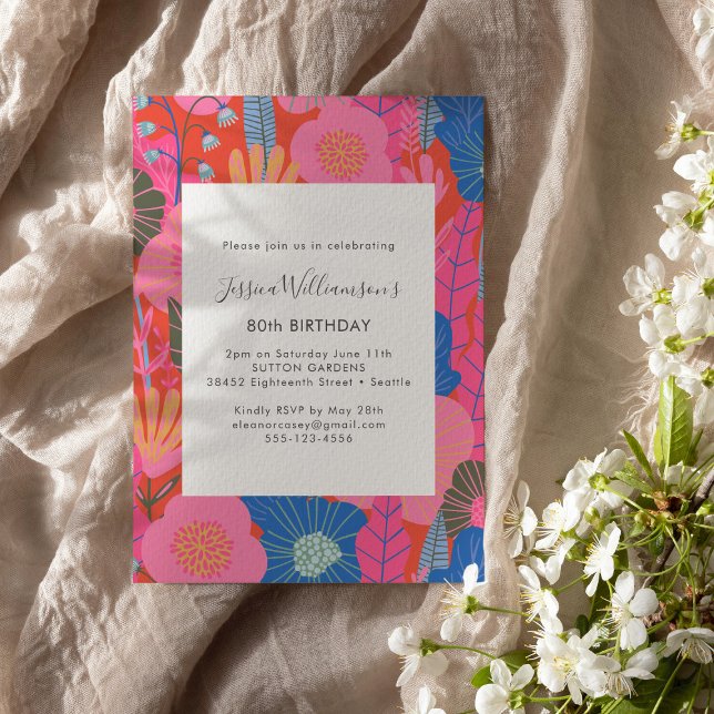 Convites Festa de 80 Anos Moderna Boho com Flores Vermelhas (Criador carregado)