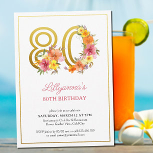 Convites Festa de 80 Anos Número 80 Dourado Floral Bonito I