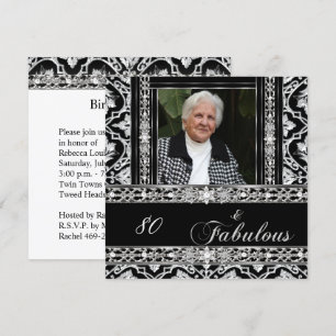 Convites Festa de 80 Anos Preto Branco Damask Diamante