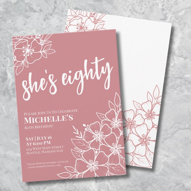 Convites Festa de 80 Anos Rose Gold (Eighty Rose Pink 80th Birthday Party Invitation)