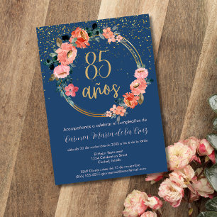 Convites Festa de 85 Anos com Floral Rosa Dourado Azul Espa