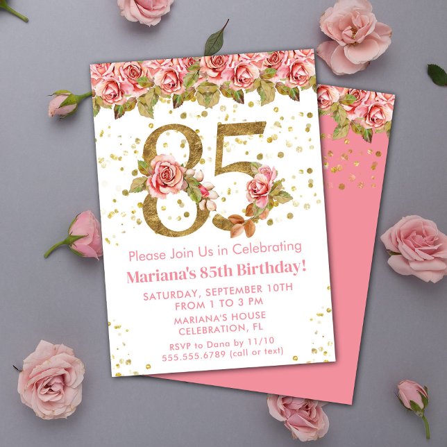 Convites Festa de 85 anos com Glitter Dourado e Floral Rosa (Criador carregado)