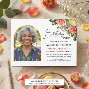 Convites Festa de 87 Anos Elegante Floral com Foto