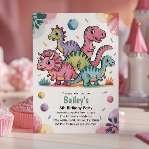 Convites Festa de 8 Anos do Dinossauro Rosa Fofo para Crian