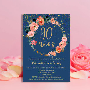 Convites Festa de 90 Anos Azul Espanhol Floral Elegante