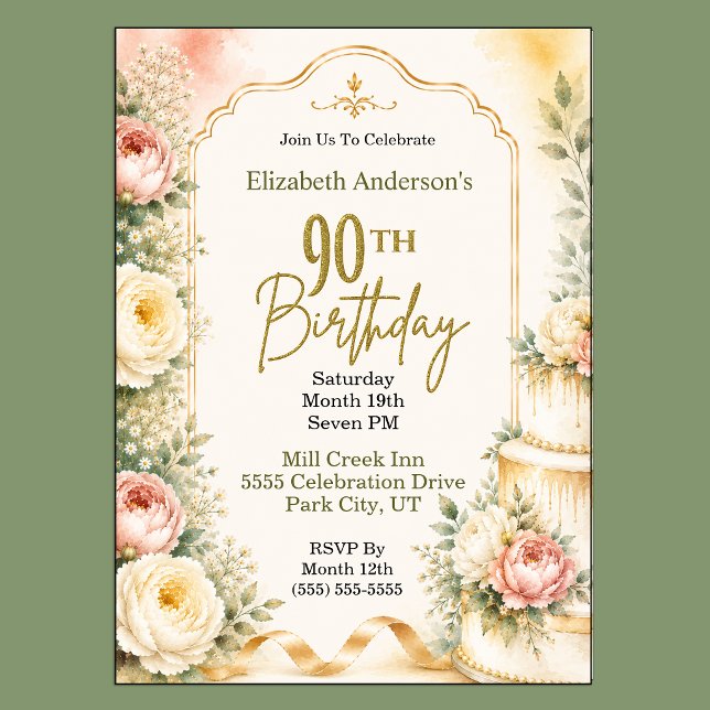 Convites Festa de 90 Anos Beautiful Peony (Beautiful Peony Flower 90th Birthday Invitation For Women.)