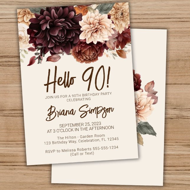 Convites Festa de 90 Anos Brown Beige Marfim Floral (Criador carregado)