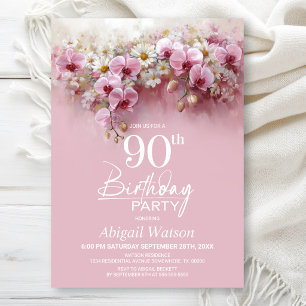 Convites Festa de 90 Anos com Floral de Orquídea Rosa