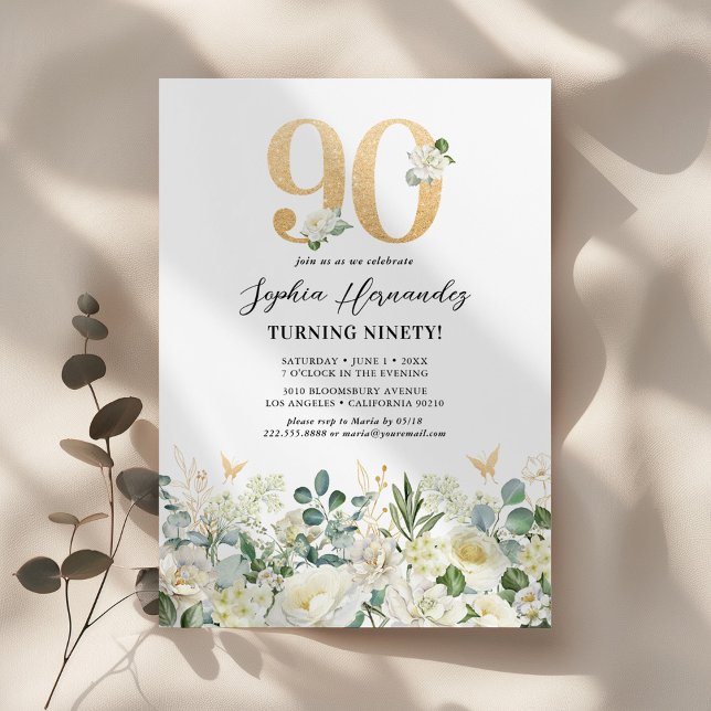Convites Festa de 90 Anos com Floral Verde e Branco (Criador carregado)
