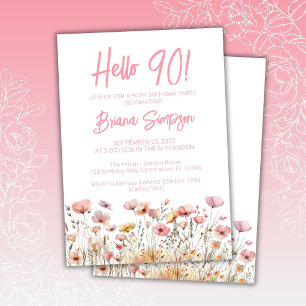 Convites Festa de 90 anos com tema floral rosa