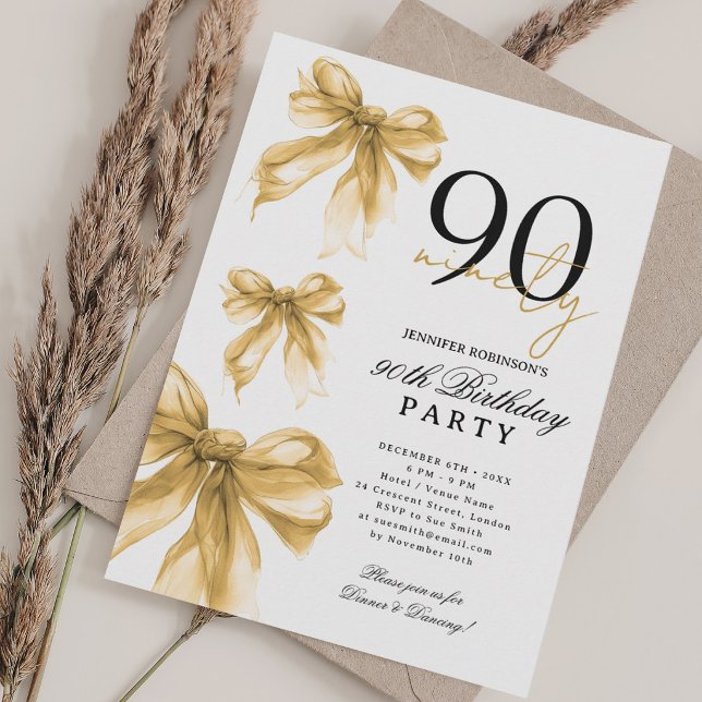 Convites Festa de 90 anos Coquette Aquarela Dourada (Gold Watercolor Coquette Bow 90th Birthday Party Invitation)