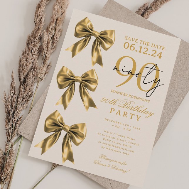 Convites Festa de 90 anos Coquette Dourada Salvar Data (Gold Coquette Bow Save Date 90th Birthday Party Invitation)