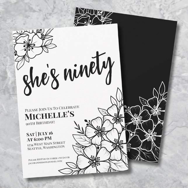 Convites Festa de 90 Anos Elegante Floral (Floral Ninetieth Black White 90th Birthday Party Invitation)