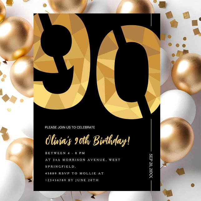 Convites Festa de 90 anos elegante preta e dourada (Criador carregado)