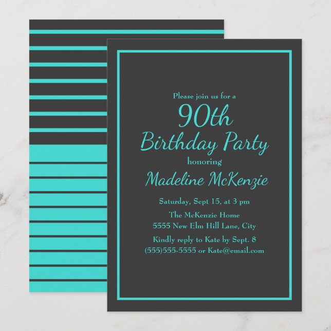 Convites Festa de 90 Anos Listrada em Turquesa Preta (Frente/Verso)