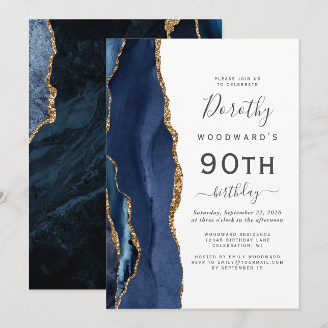 Convites Festa de 90 Anos Navy Blue Gold Agate (Frente/Verso)