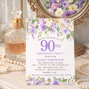 Convites Festa de 90 Anos PETITE Rosa Floral Roxa