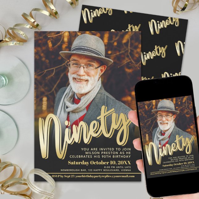 Convites Festa de 90 anos preta e dourada com foto personal (Criador carregado)