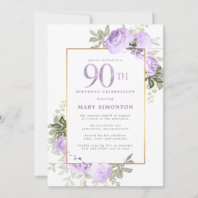 Convites Festa de 90 Anos Purple Rose Gold Floral (Frente)