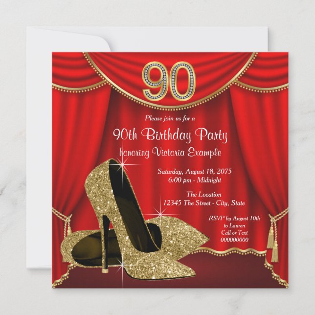 Convites Festa de 90 Anos Red Gold High Heel (Frente)