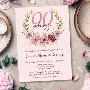 Convites Festa de 90 Anos Rosa Espanhol Floral Elegante