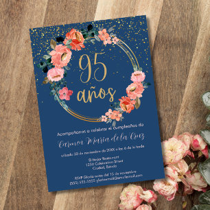Convites Festa de 95 Anos Azul Espanhol Floral Elegante
