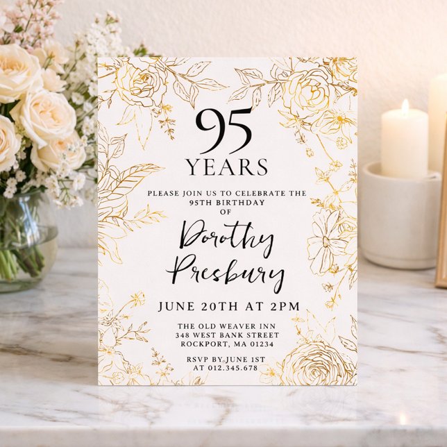 Convites Festa de 95 anos em dourado e floral branco (Criador carregado)
