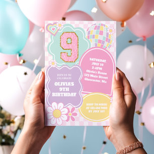 Convites Festa de 9 anos varsity preppy pastel patch